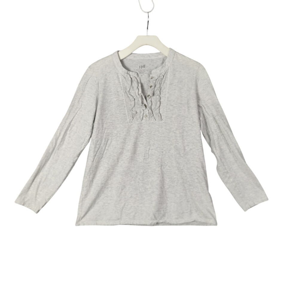 J. Jill Ruffle Front Henley Tee Long Sleeve Top Comfy Heather Gray Women Size‎ M